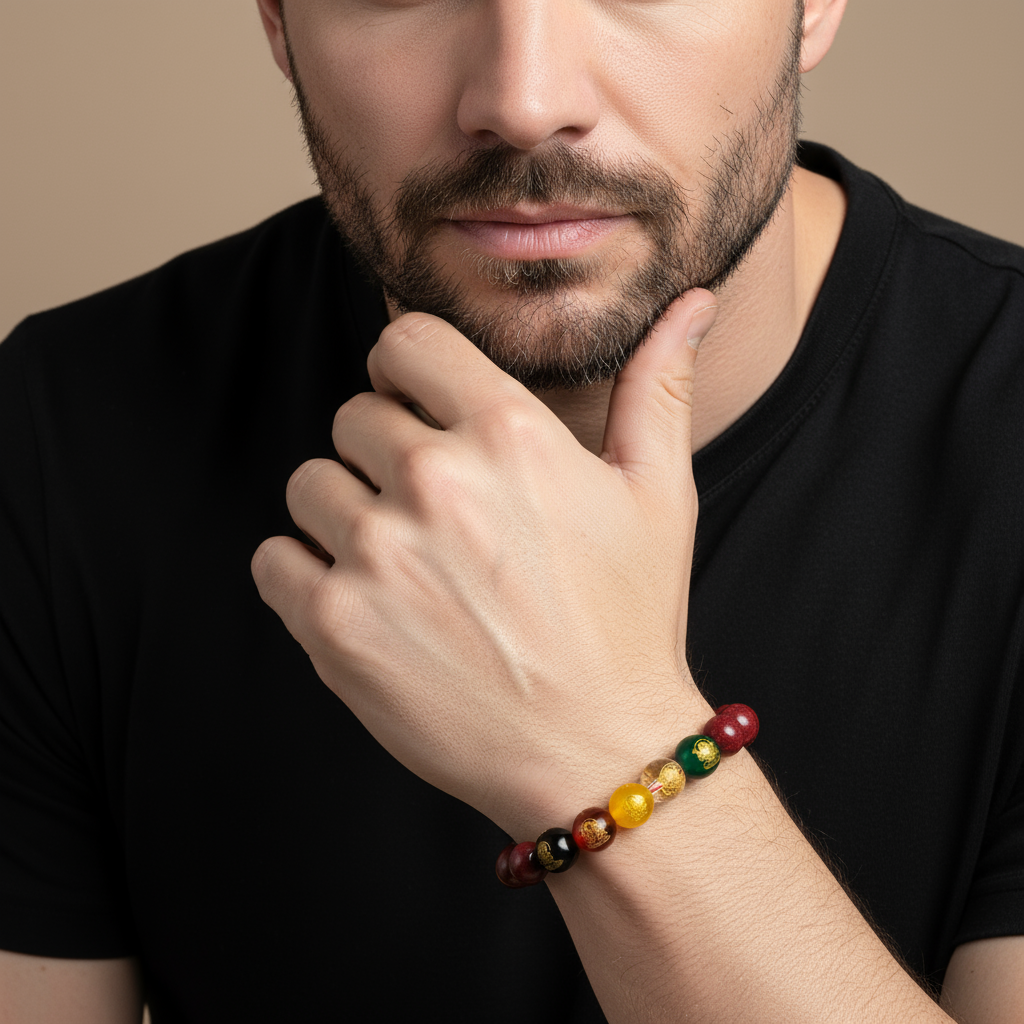 Etheris | Energy Bracelets | Man wearing a colorful beaded fengshui cinnabar bracelet on his wrist against a neutral background