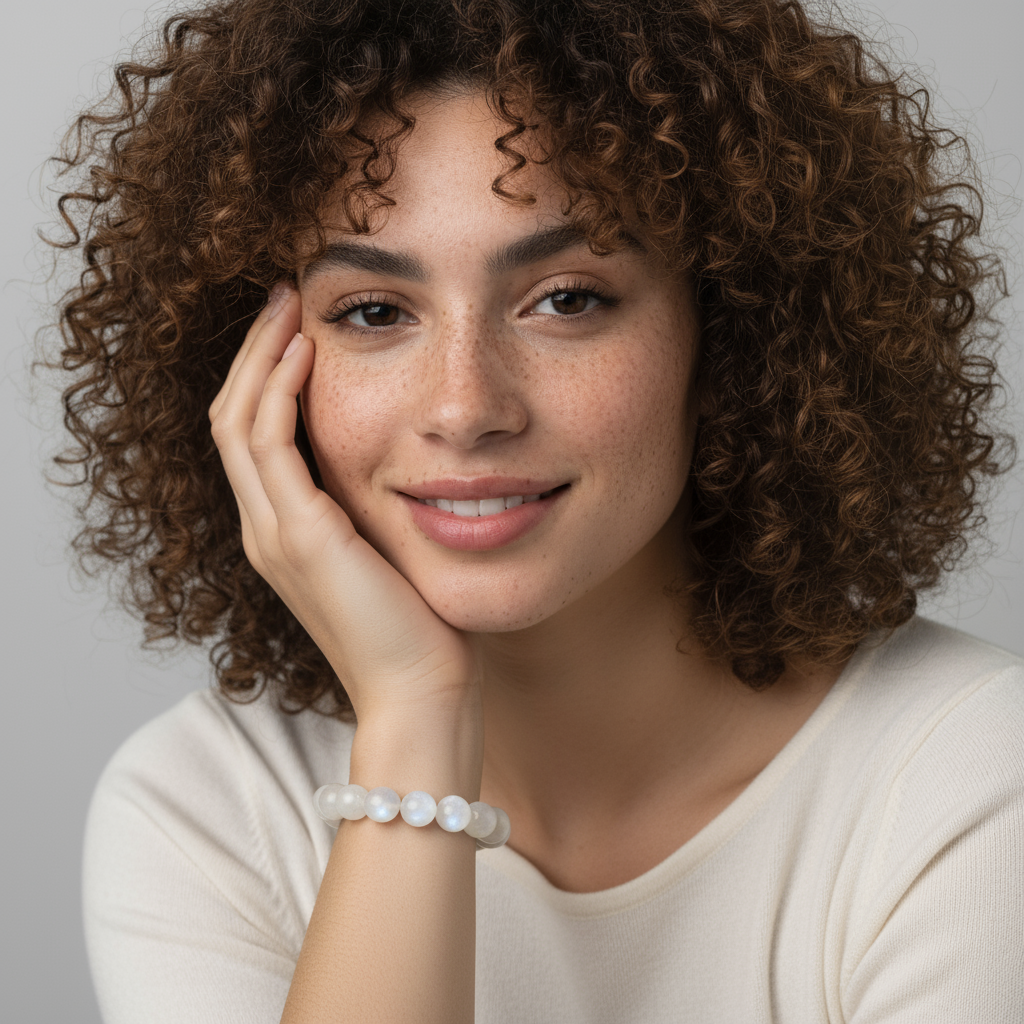 Etheris | Energy Bracelets | Woman with curly hair wearing a moonstone bracelet on a neutral background
