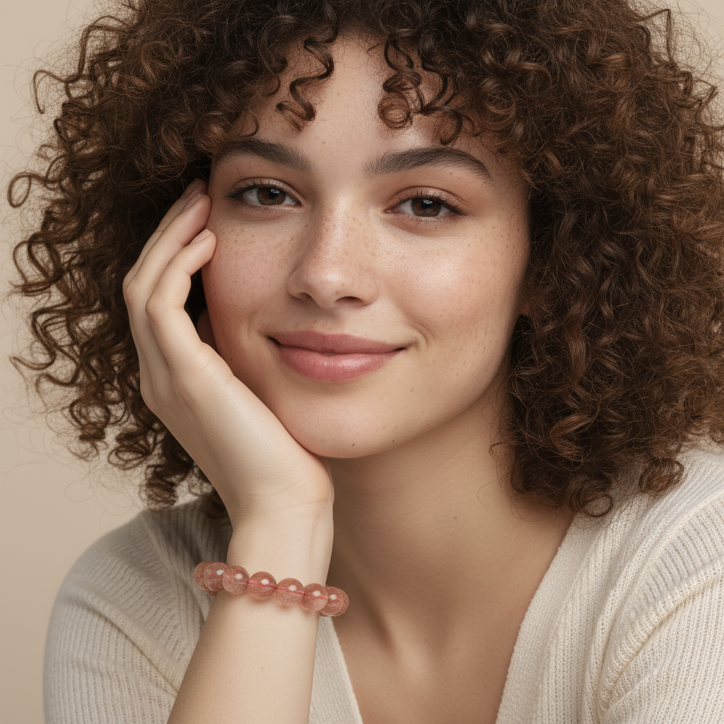 Etheris | Energy Bracelets | Woman with curly hair wearing a pink rose quartz bracelet on a beige background