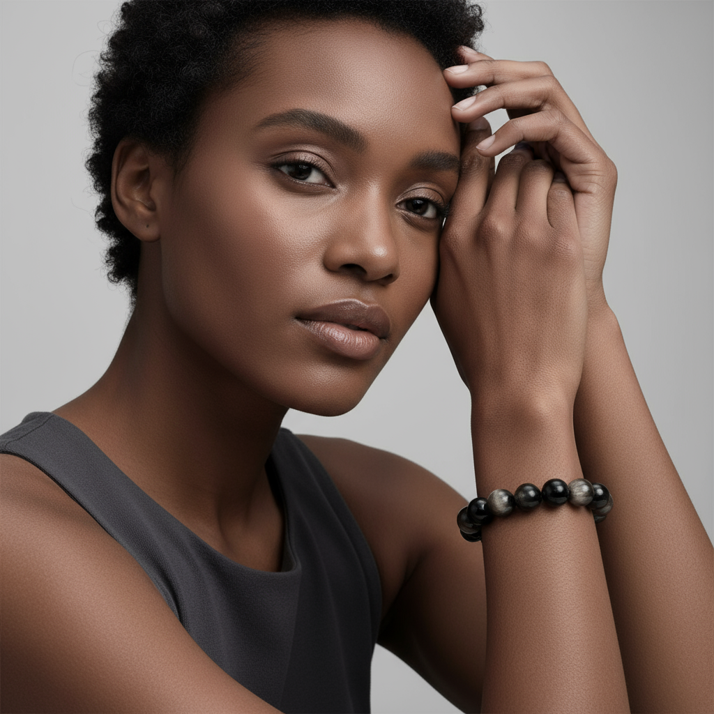 Etheris | Energy Bracelets | Woman with a black sleeveless top and silver obsidian bracelet on a gray background