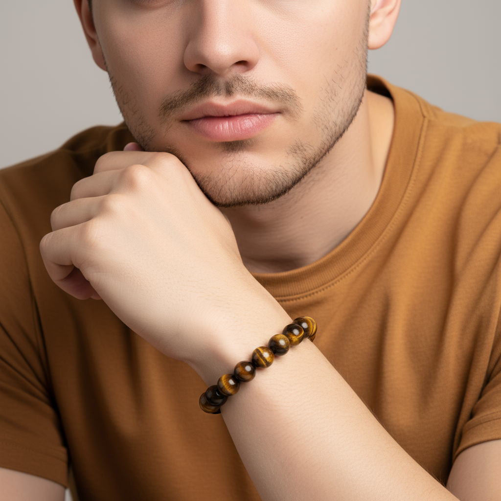 Etheris | Energy Bracelets | Man wearing a yellow tiger eye beaded bracelet on his wrist, with a neutral background