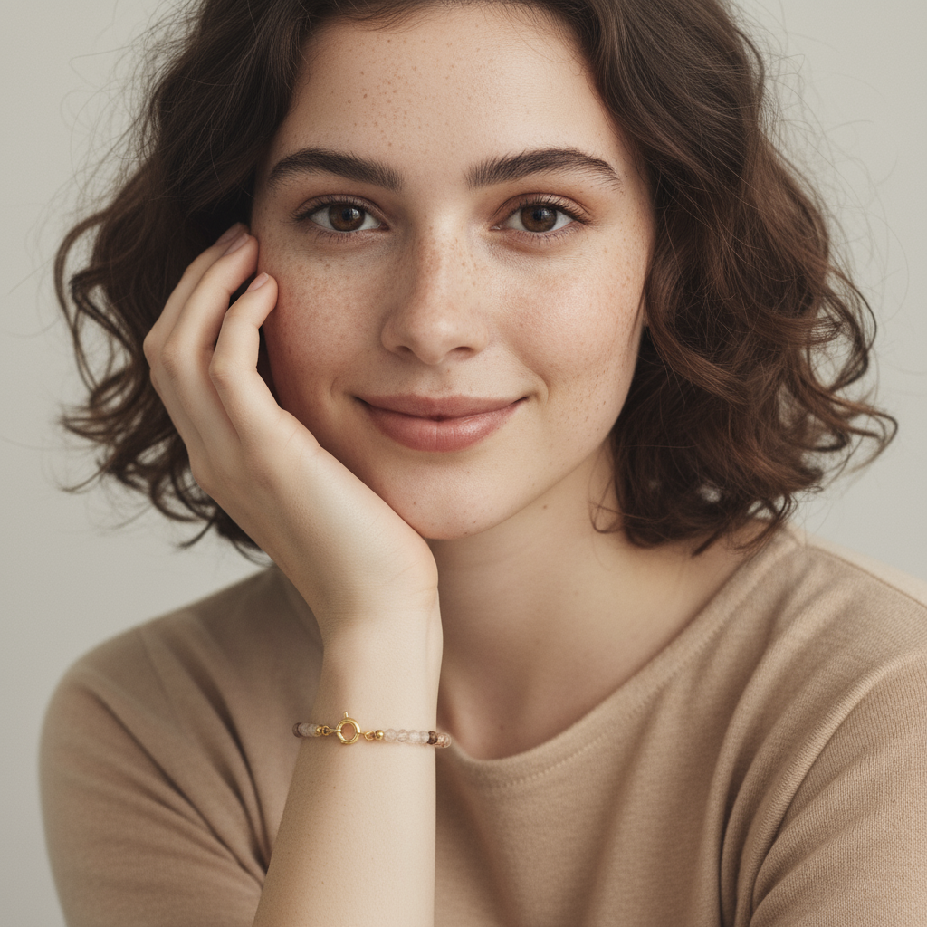 Etheris | Energy Bracelets | Woman with short brown hair wearing a beige shirt against a neutral background with a copper rutile quartz bracelet