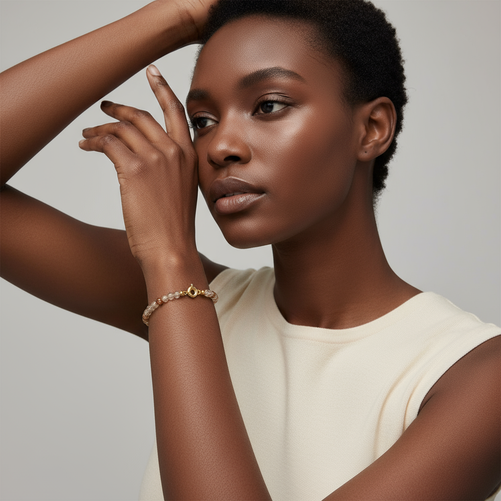 Etheris | Energy Bracelets | Woman wearing a beige dress with a rutilated quartz bracelet