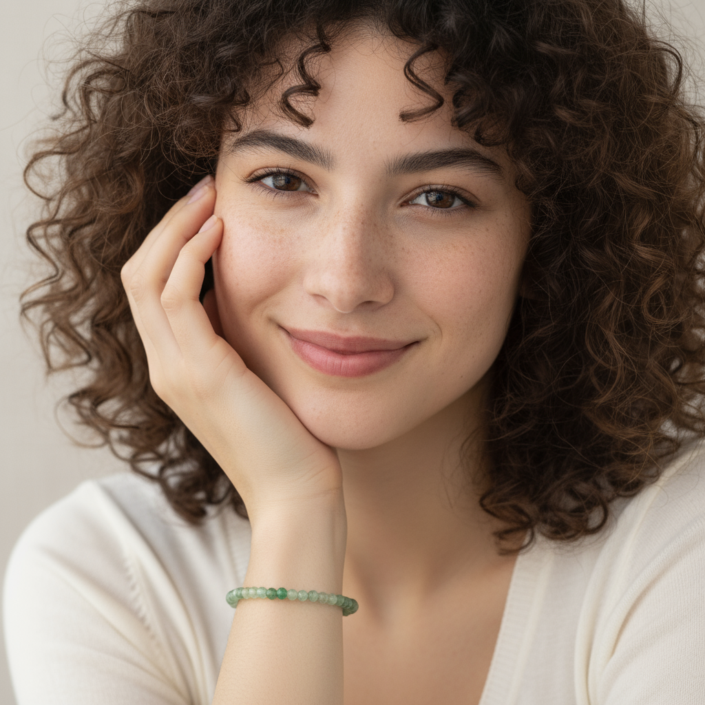 Etheris | Energy Bracelets | Woman with curly hair resting her head on her hand, wearing a green aventurine bracelet.