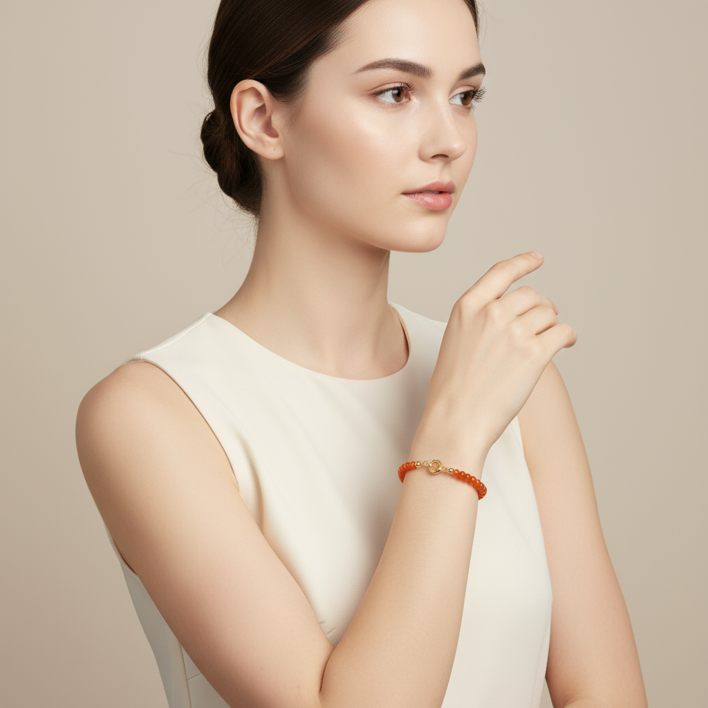 Etheris | Energy Bracelets | Woman wearing a white sleeveless top and orange agate bracelet on a beige background