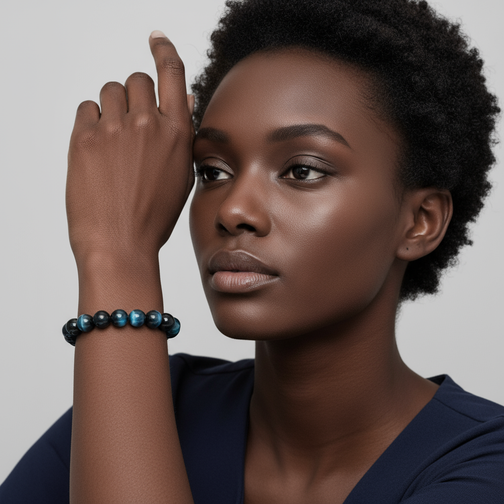 Etheris | Energy Bracelets | Woman wearing a blue beaded blue tiger eye bracelet on a plain background