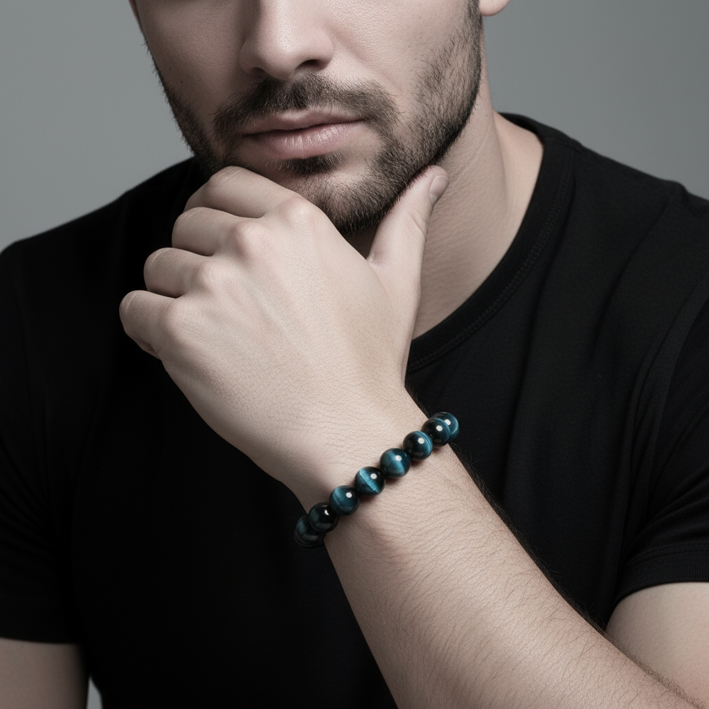 Etheris | Energy Bracelets | Man wearing a blue beaded blue tiger eye bracelet on his wrist against a neutral background
