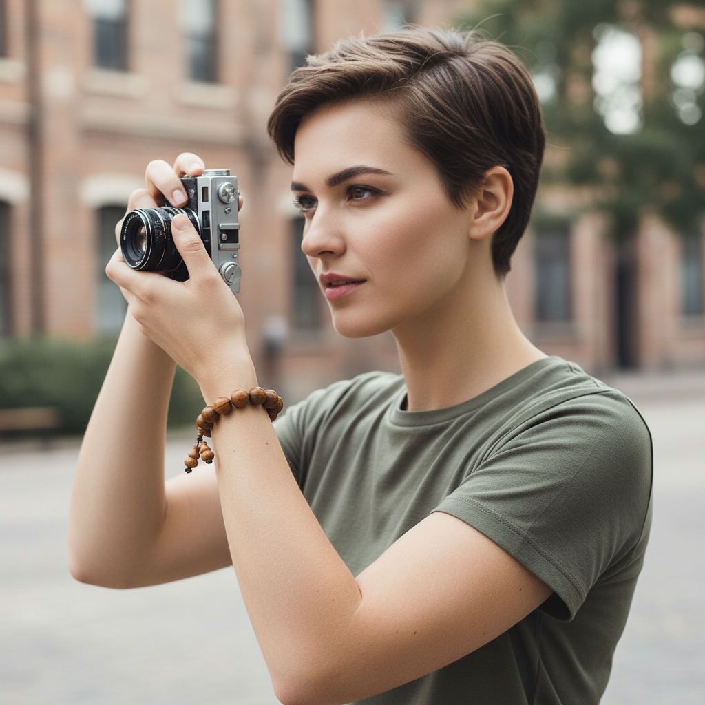 Etheris | Energy Bracelets | Woman holding a camera outdoors with an abelia biflora wood bracelet