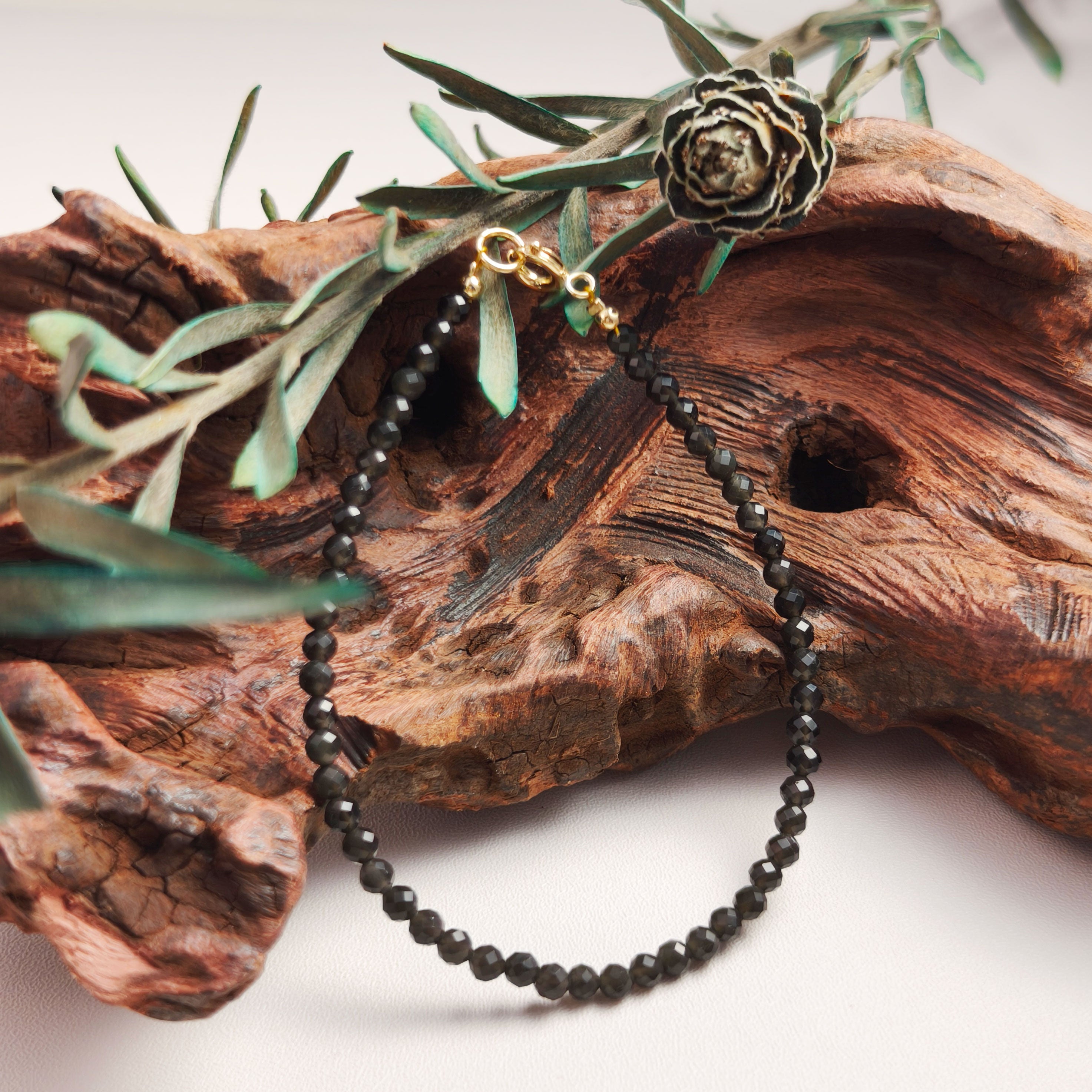 Etheris Dainty Black Obsidian Bracelet - Genuine Faceted Small Stone Beads with Gold Clasp