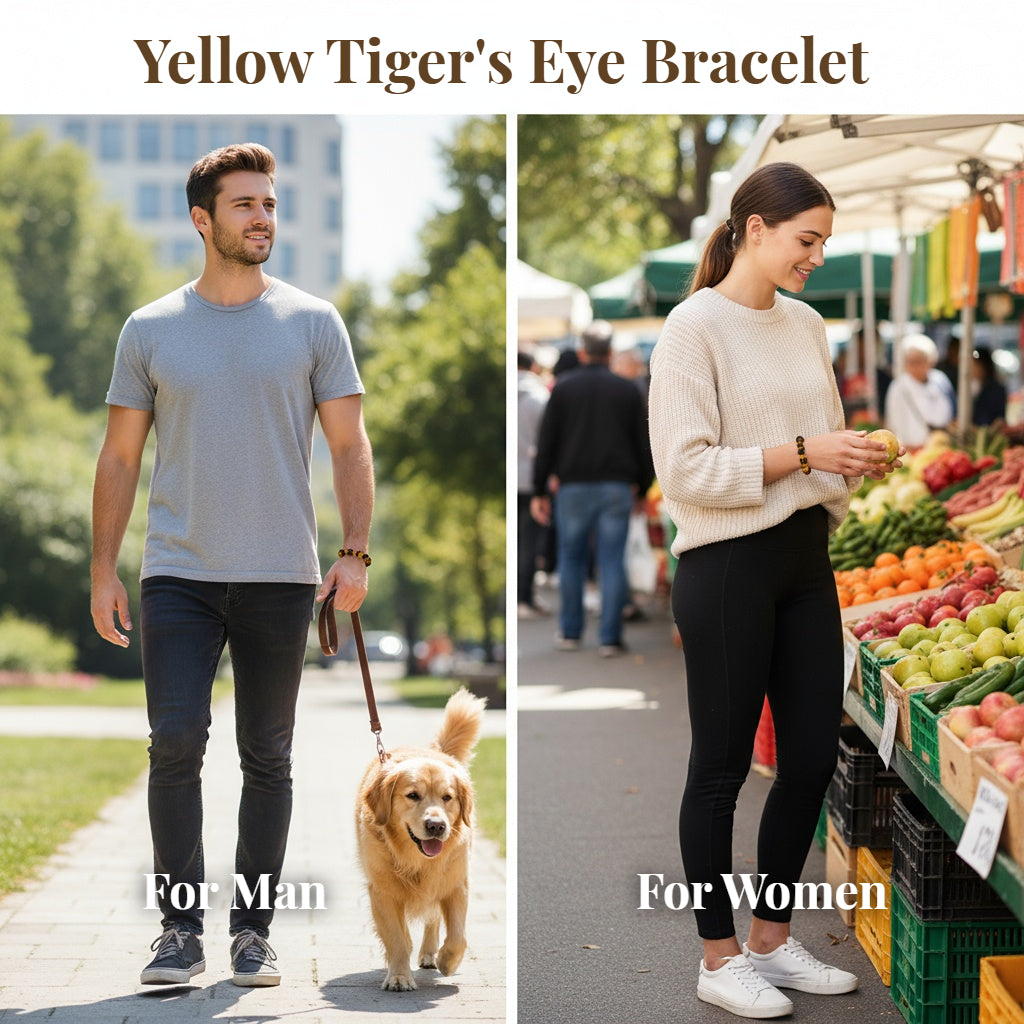 Etheris | Energy Bracelets | Two images showing a man with a dog and a woman at an outdoor market, with text about a 'Yellow Tiger's Eye Bracelet'.