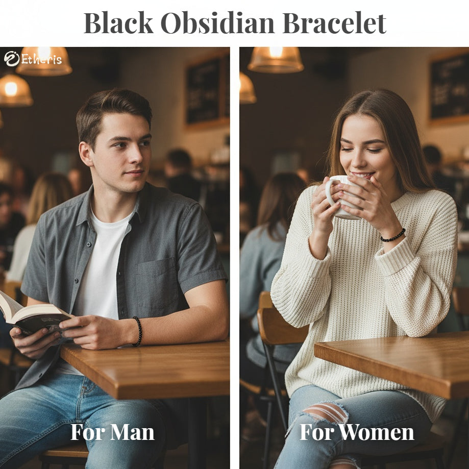 Etheris | Energy Bracelets | Two people sitting at a table, one reading a book and the other holding a mug, with text indicating a black obsidian bracelet for men and women.