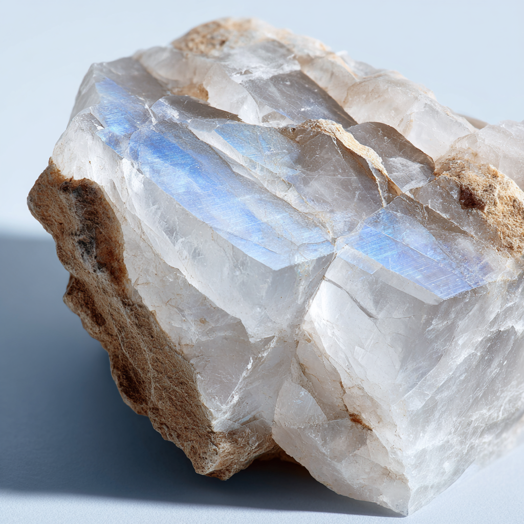 Close-up of a moonstone crystal with blue fluorescence on a light gray background