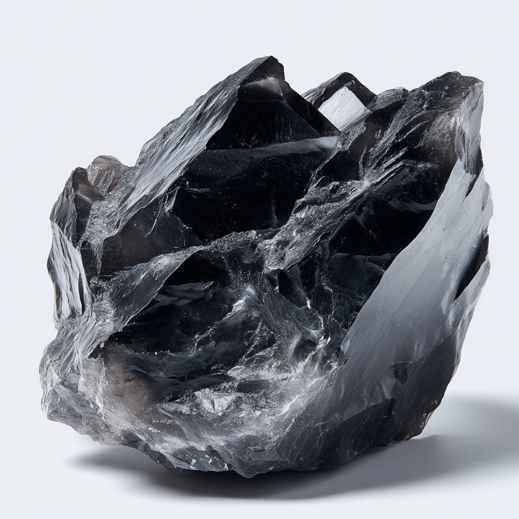 Raw obsidian crystal rock on a white background