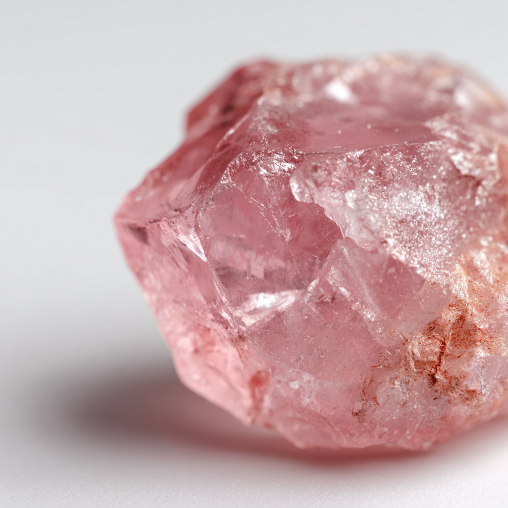 Close-up of a pink rose quartz crystal on a white background