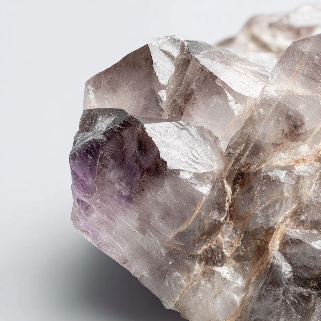 Close-up of a super seven crystal with purple and clear colors on a light gray background